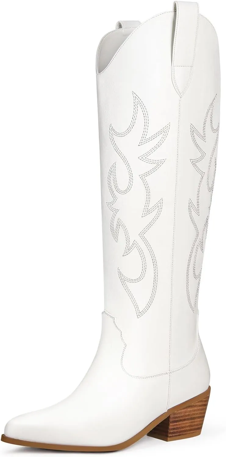 Ouepiano White Cowgirl Boots Women Cowboy Knee High Tall Boots Chunky Heel Pointed Toe Pull-On Western Wide Calf Boats Country Fashion
