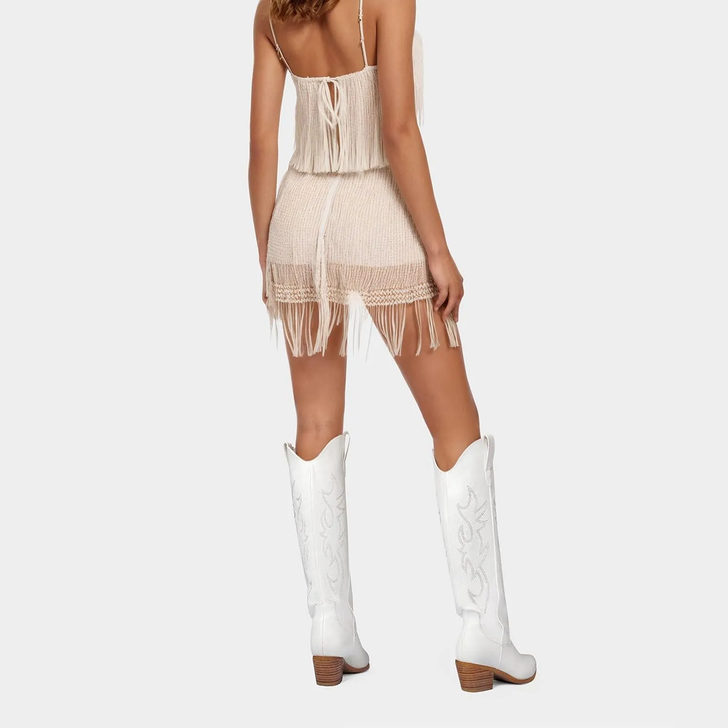 Ouepiano White Cowgirl Boots Women Cowboy Knee High Tall Boots Chunky Heel Pointed Toe Pull-On Western Wide Calf Boats Country Fashion