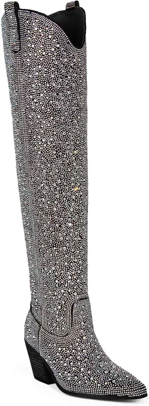 Ouepiano Women's Cowgirl Ankle Boots Western Rhinestones Pointed Toe Low Chunky Heel Pull On Short Cowboy Boots for Women,Girl,Party