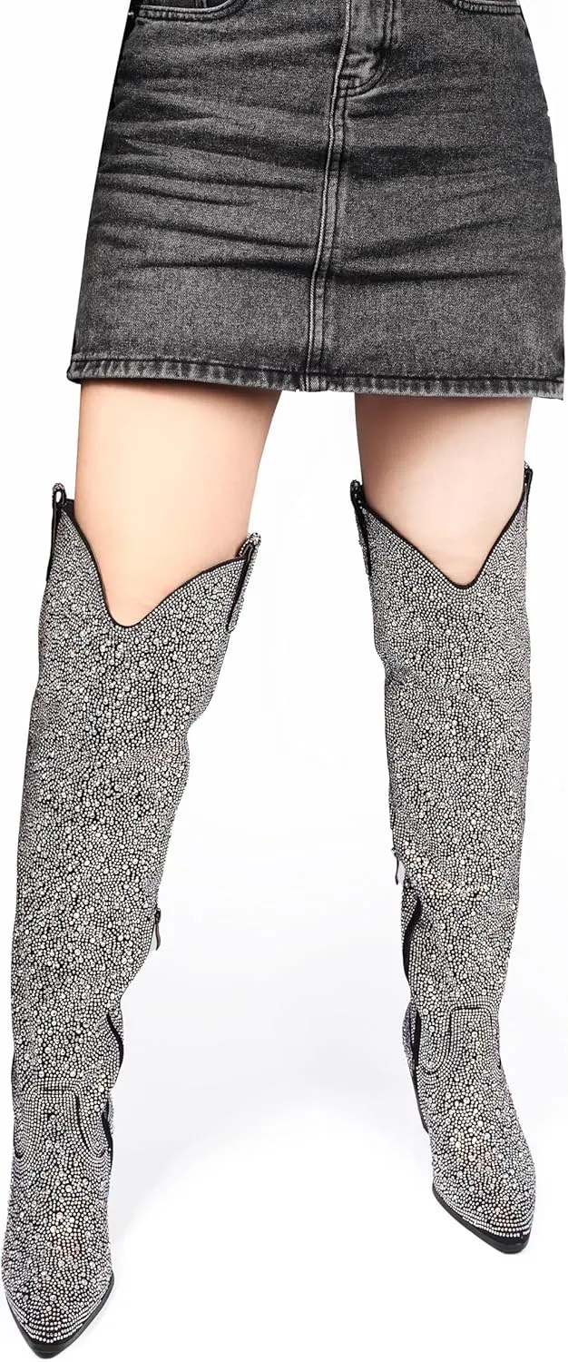 Ouepiano Women's Cowgirl Ankle Boots Western Rhinestones Pointed Toe Low Chunky Heel Pull On Short Cowboy Boots for Women,Girl,Party