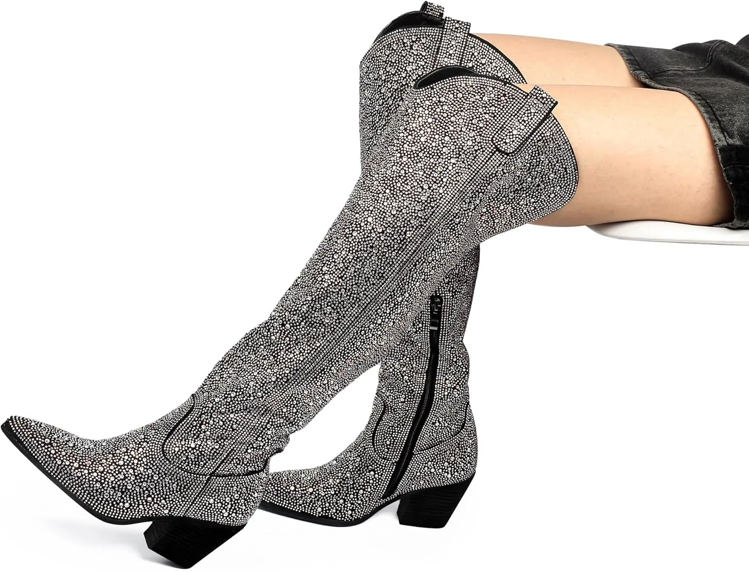 Ouepiano Women's Cowgirl Ankle Boots Western Rhinestones Pointed Toe Low Chunky Heel Pull On Short Cowboy Boots for Women,Girl,Party