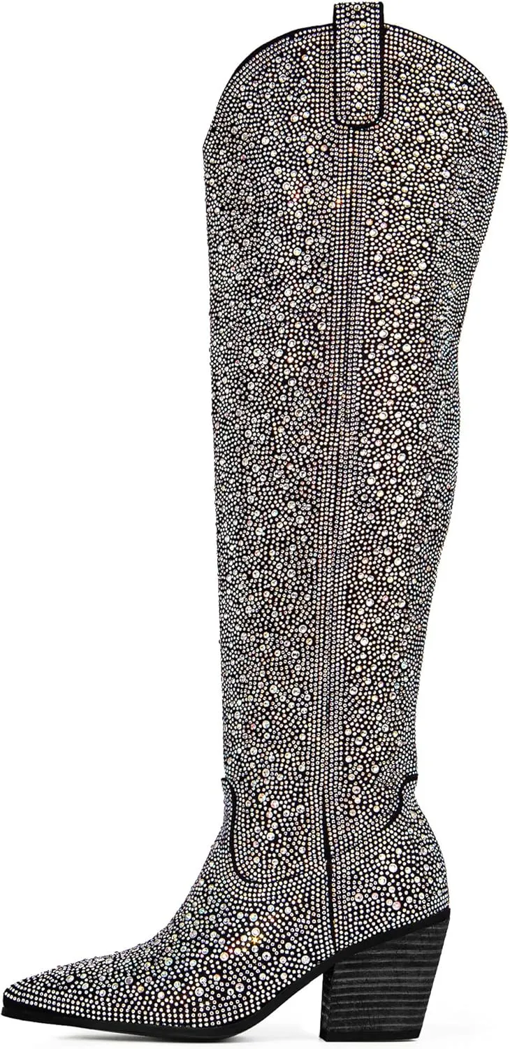 Ouepiano Women's Cowgirl Ankle Boots Western Rhinestones Pointed Toe Low Chunky Heel Pull On Short Cowboy Boots for Women,Girl,Party