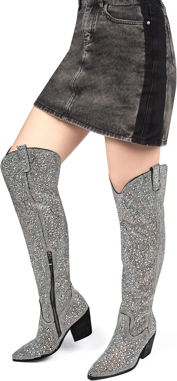 Ouepiano Women's Cowgirl Ankle Boots Western Rhinestones Pointed Toe Low Chunky Heel Pull On Short Cowboy Boots for Women,Girl,Party