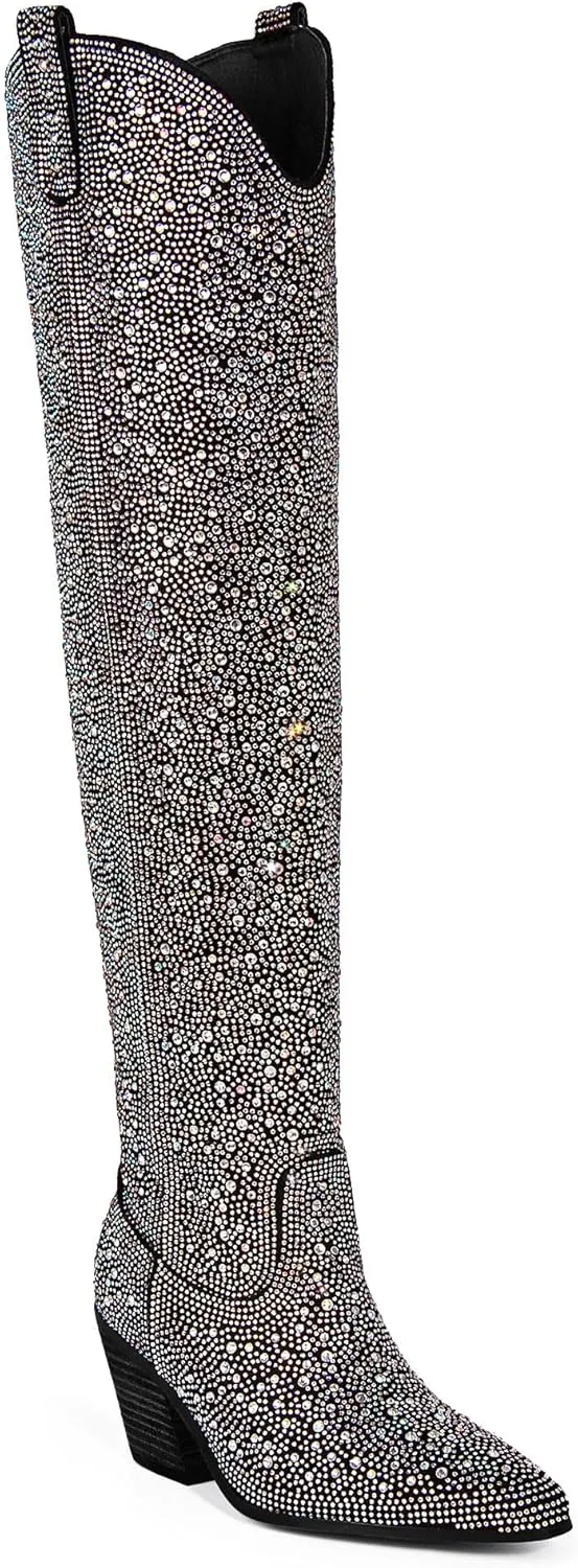 Ouepiano Women's Cowgirl Ankle Boots Western Rhinestones Pointed Toe Low Chunky Heel Pull On Short Cowboy Boots for Women,Girl,Party