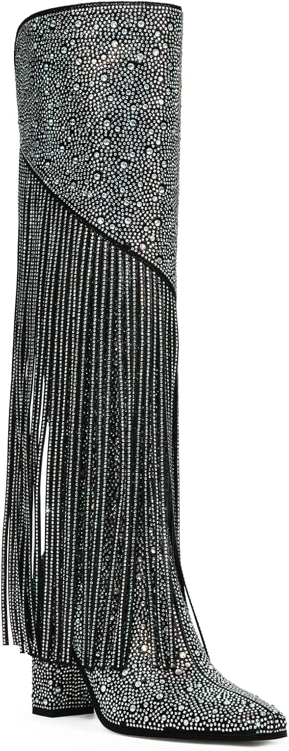 Ouepiano Women's Fringe Rhinestone Cowboy Boots Western Cowgirl Pointed Toe Block High Heel Zipper Knee High Boots for Girl,Party,Dating