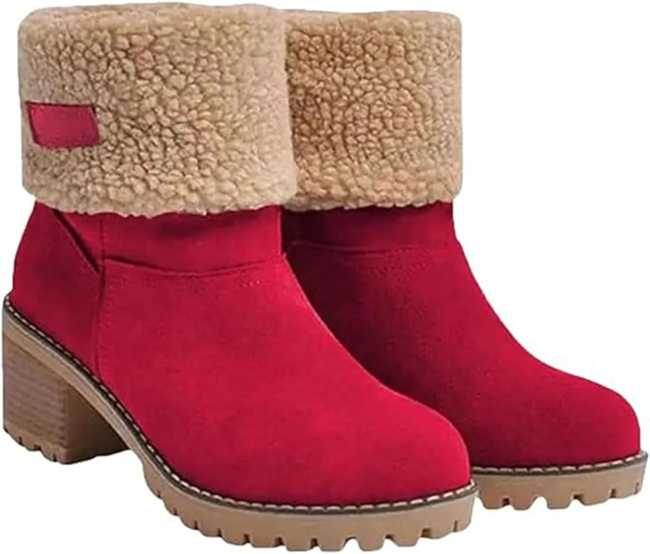 Outfany Seniors' Chunky heel Winter Boots, Outfany Boots, Winter Boots for Women, Comfortable Slip on Mid Chunky Heel Suede Warm Snow Ankle Boots Outdoor Shoes