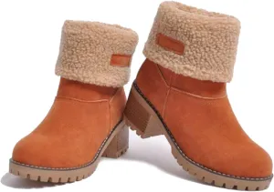 Outfany Seniors' Chunky heel Winter Boots, Outfany Boots, Winter Boots for Women, Comfortable Slip on Mid Chunky Heel Suede Warm Snow Ankle Boots Outdoor Shoes