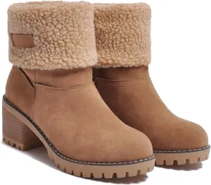 Outfany Seniors' Chunky heel Winter Boots, Outfany Boots, Winter Boots for Women, Comfortable Slip on Mid Chunky Heel Suede Warm Snow Ankle Boots Outdoor Shoes