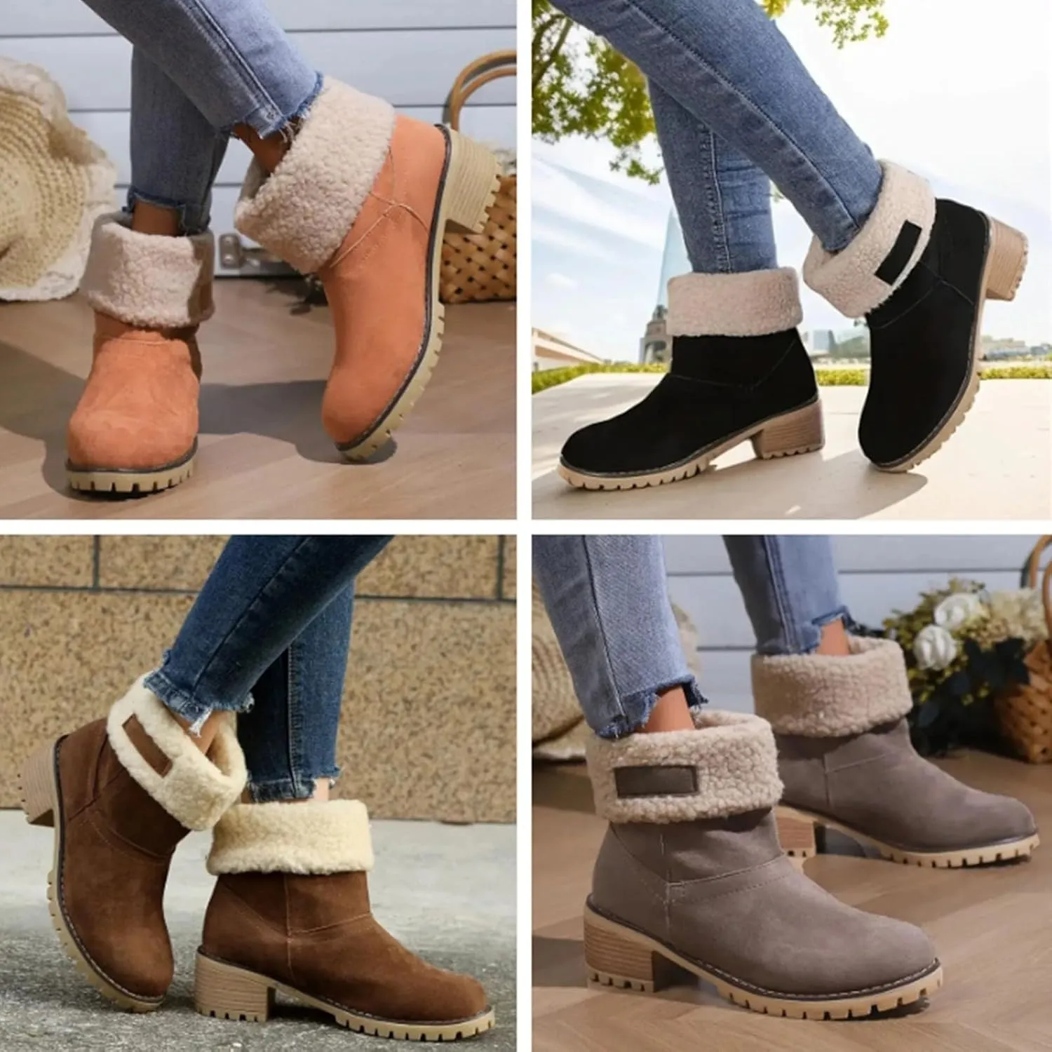 Outfany Seniors' Chunky heel Winter Boots, Outfany Boots, Winter Boots for Women, Comfortable Slip on Mid Chunky Heel Suede Warm Snow Ankle Boots Outdoor Shoes