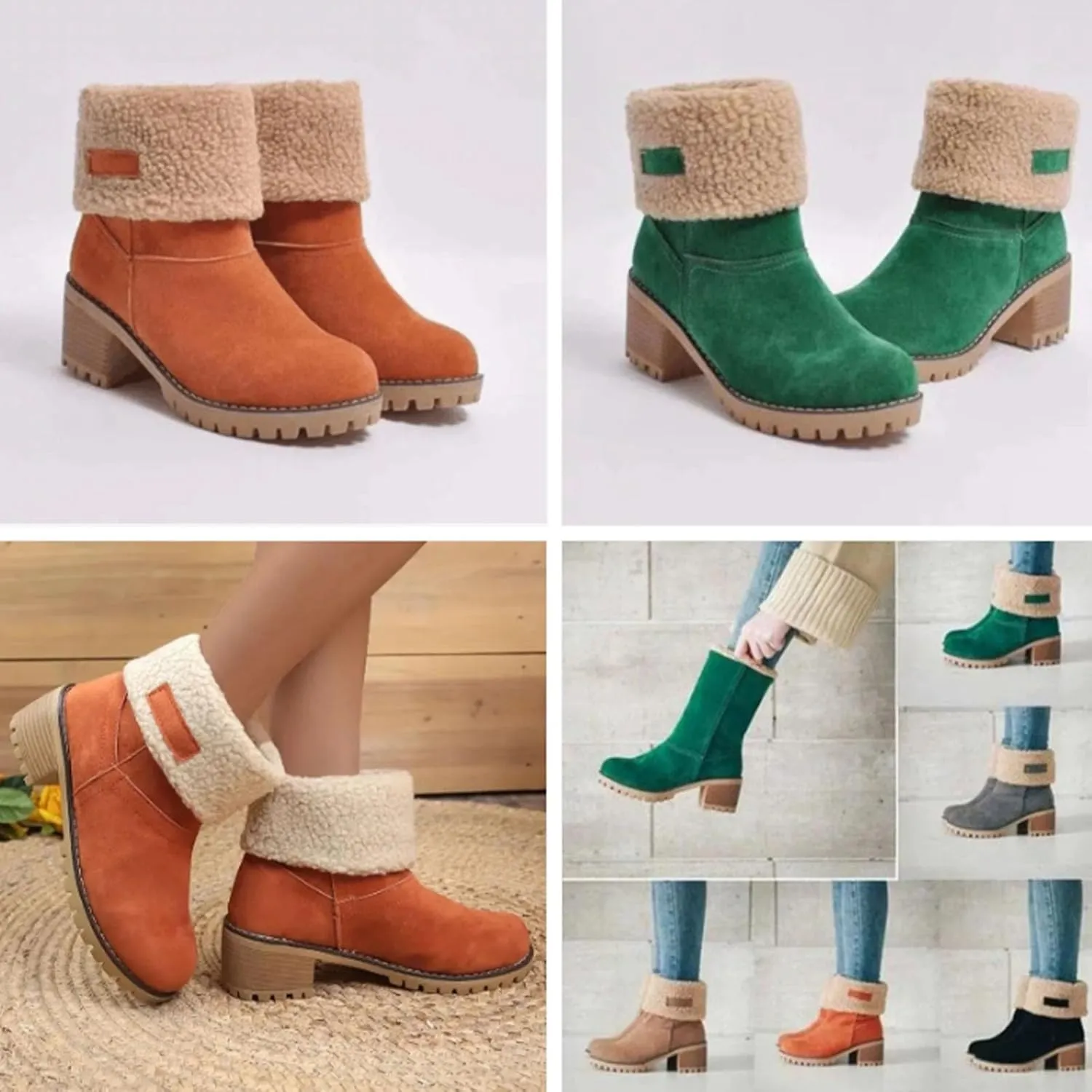 Outfany Seniors' Chunky heel Winter Boots, Outfany Boots, Winter Boots for Women, Comfortable Slip on Mid Chunky Heel Suede Warm Snow Ankle Boots Outdoor Shoes