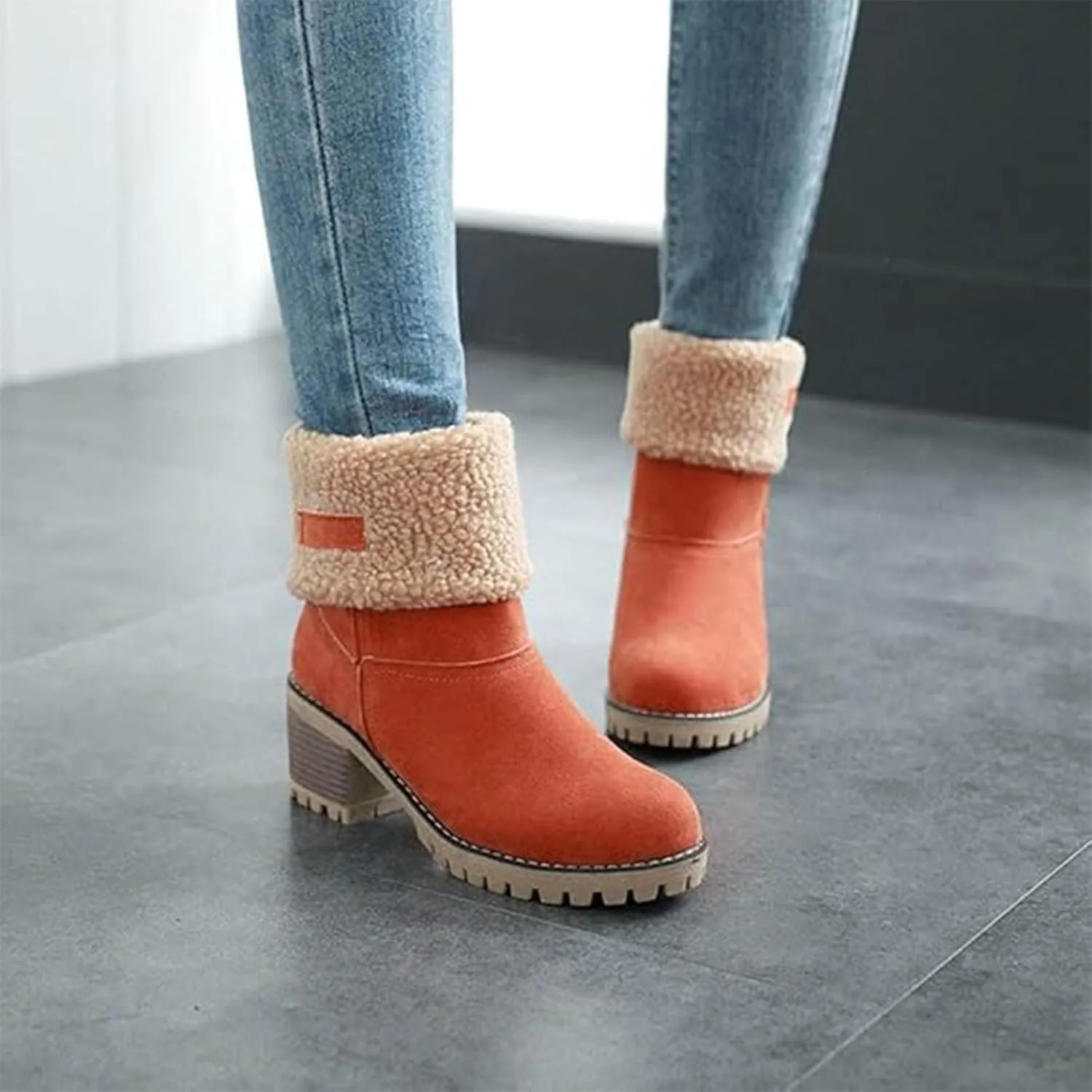 Outfany Seniors' Chunky heel Winter Boots, Outfany Boots, Winter Boots for Women, Comfortable Slip on Mid Chunky Heel Suede Warm Snow Ankle Boots Outdoor Shoes