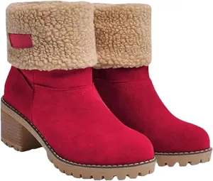 Outfany Seniors' Chunky heel Winter Boots, Outfany Boots, Winter Boots for Women, Comfortable Slip on Mid Chunky Heel Suede Warm Snow Ankle Boots Outdoor Shoes