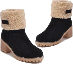 Outfany Seniors' Chunky heel Winter Boots, Outfany Boots, Winter Boots for Women, Comfortable Slip on Mid Chunky Heel Suede Warm Snow Ankle Boots Outdoor Shoes