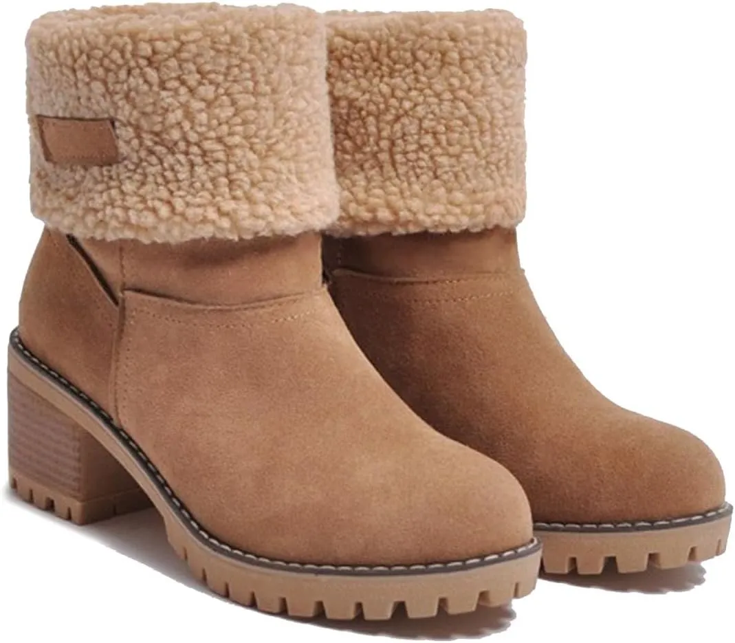 Outfany Seniors' Chunky heel Winter Boots, Outfany Boots, Winter Boots for Women, Comfortable Slip on Mid Chunky Heel Suede Warm Snow Ankle Boots Outdoor Shoes