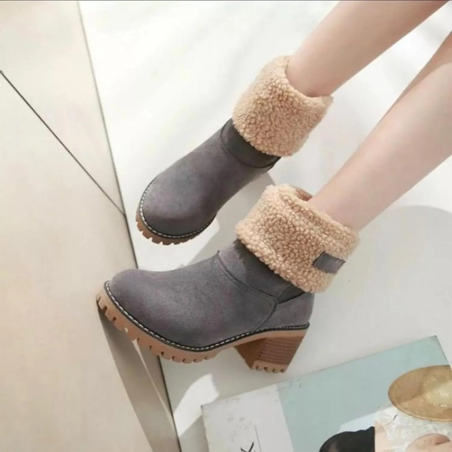 Outfany Seniors' Chunky heel Winter Boots, Outfany Boots, Winter Boots for Women, Comfortable Slip on Mid Chunky Heel Suede Warm Snow Ankle Boots Outdoor Shoes