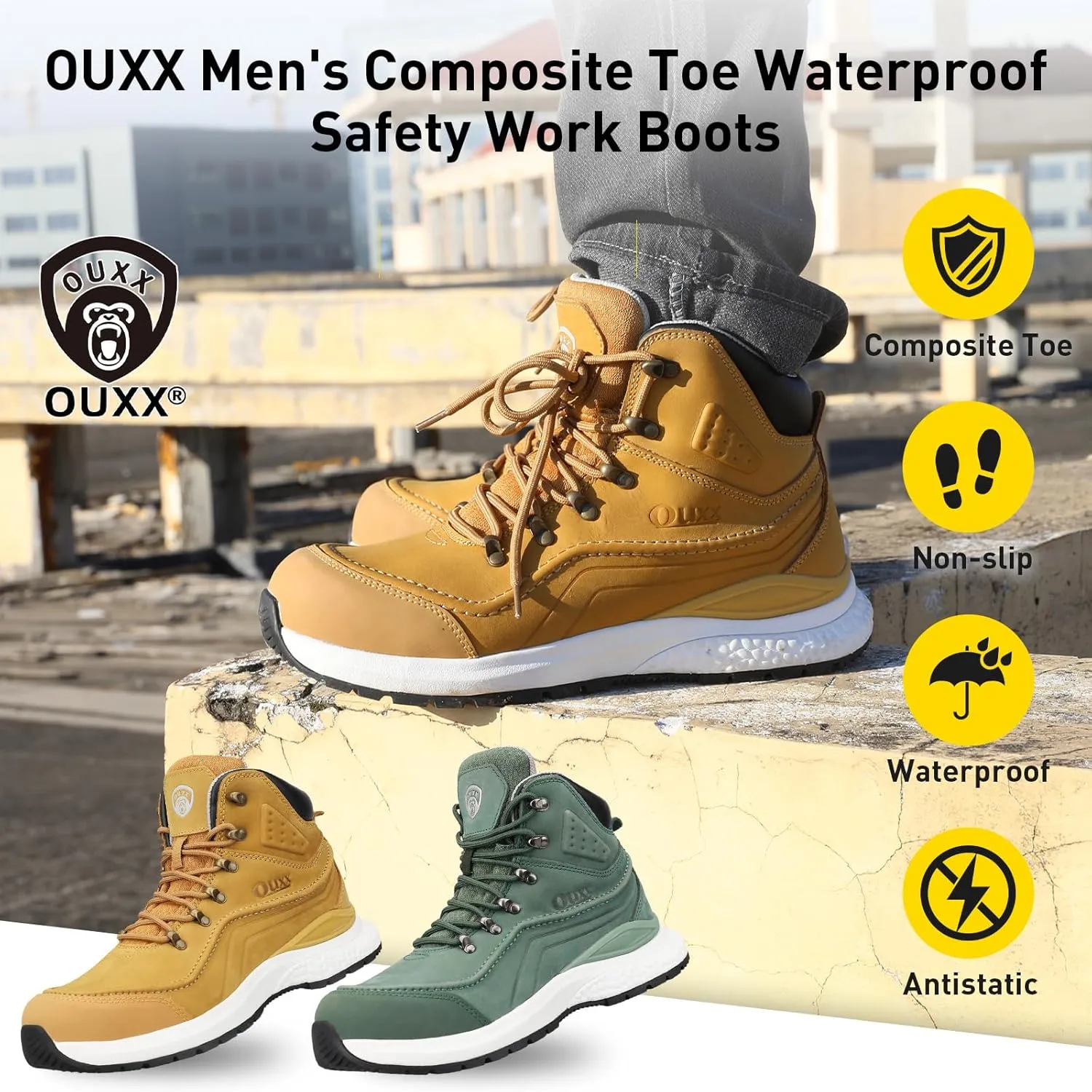 OUXX Men's Composite Toe Work Boots, ASTM F2413 Electro-Static Discharge Safety Shoes, Anti-Slip Rubber Outsole(OX2601)