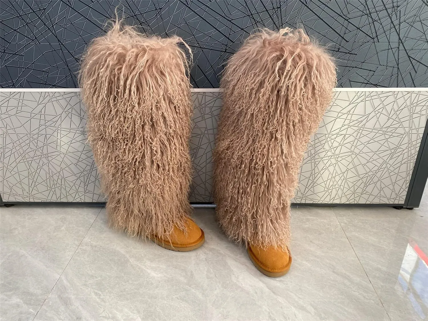 Over Knee High Mongolian Fur Boot With True Tibetan Big Long Curly Hair For Women Winter Snow Warm Boots