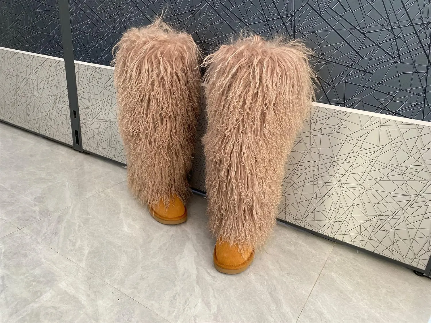 Over Knee High Mongolian Fur Boot With True Tibetan Big Long Curly Hair For Women Winter Snow Warm Boots