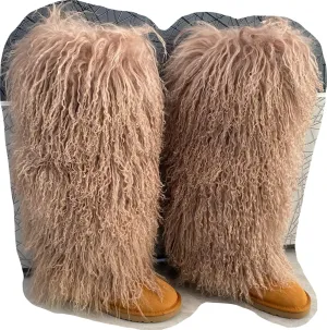 Over Knee High Mongolian Fur Boot With True Tibetan Big Long Curly Hair For Women Winter Snow Warm Boots