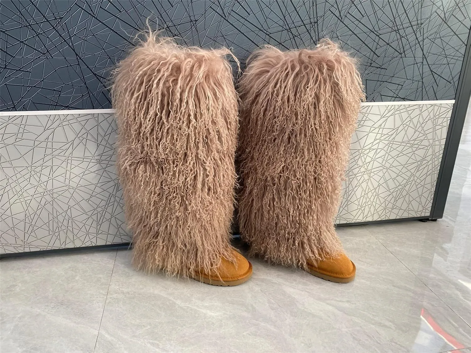 Over Knee High Mongolian Fur Boot With True Tibetan Big Long Curly Hair For Women Winter Snow Warm Boots