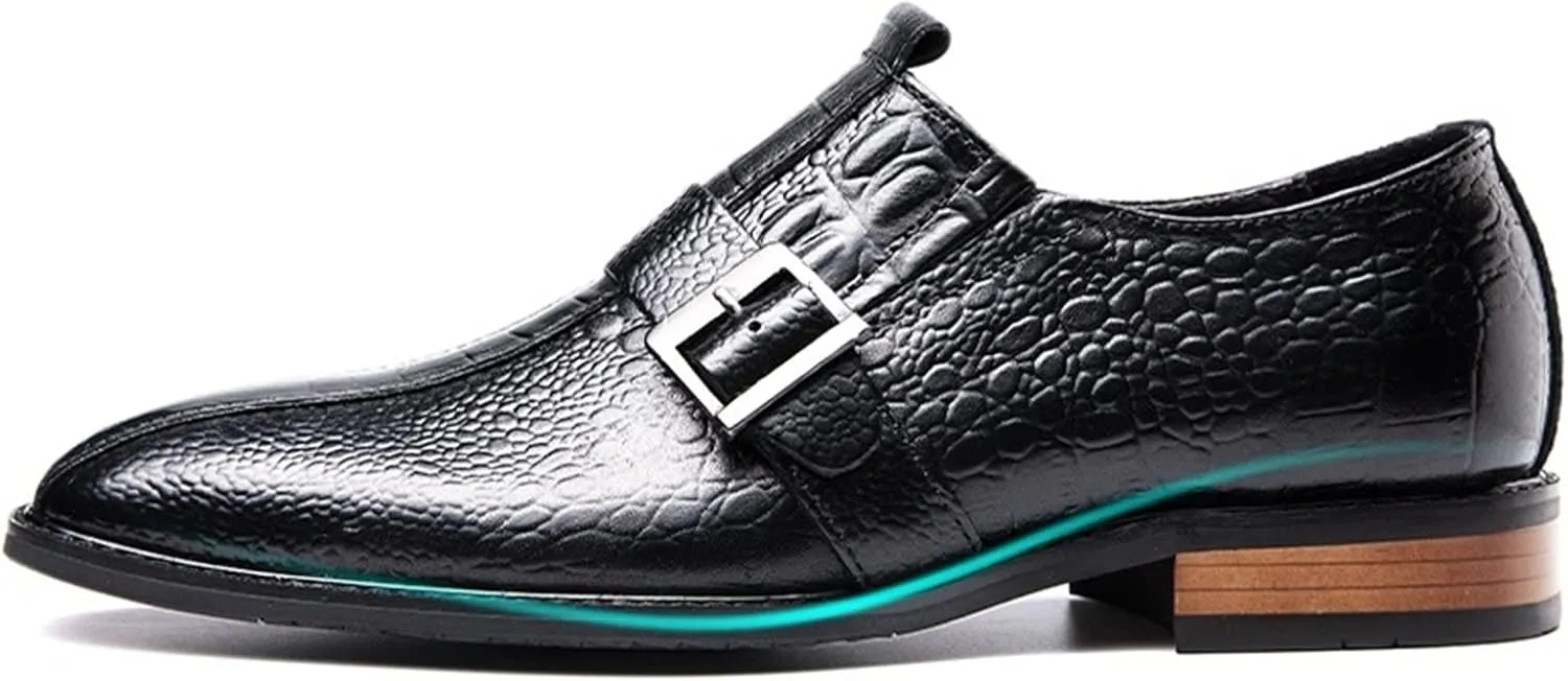 Oxford Dress Shoes for Men Slip On Monk Strap Crocodile Print Burnished Square Toe Leather Slip Resistant Block Heel Low Top Non Slip Walking Suitable for Many Occasions