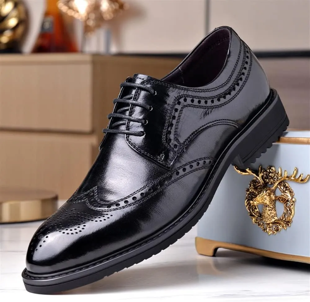 Oxford Shoes for Men Lace Up Round Burnished Toe Brogue Embossed Cowhide Anti-Slip Rubber Sole Block Heel Classic