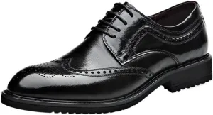 Oxford Shoes for Men Lace Up Round Burnished Toe Brogue Embossed Cowhide Anti-Slip Rubber Sole Block Heel Classic