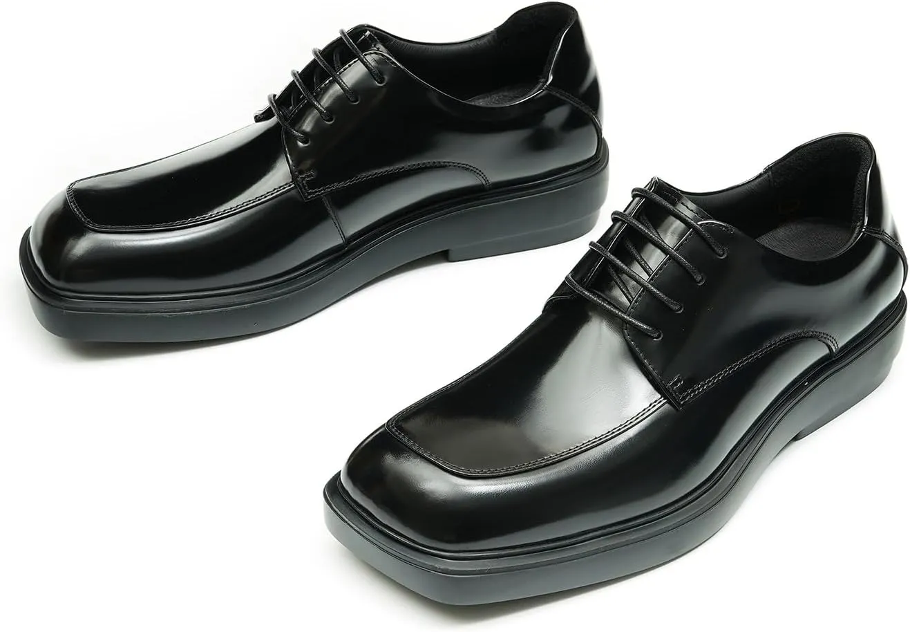 Oxfords Black Dress Shoes for Men Genuine Leather Square Toe Formal Derby Fashion Wedding Prom Shoes Mens Tuxedo Business Causal Shoes