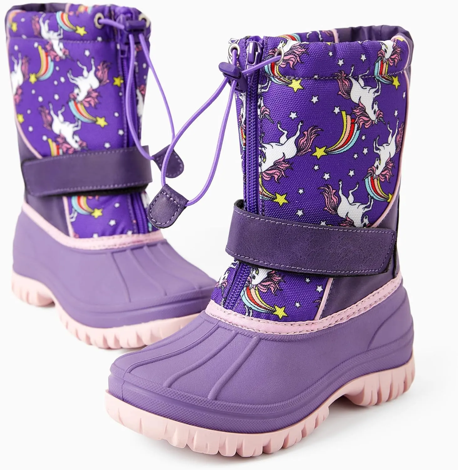 PATPAT Girls and Boys Winter Snow Boots Adjustable Bungee Lace and Hook & Loop Straps Front Zipper Waterproof Outdoor Boot