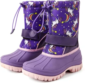 PATPAT Girls and Boys Winter Snow Boots Adjustable Bungee Lace and Hook & Loop Straps Front Zipper Waterproof Outdoor Boot