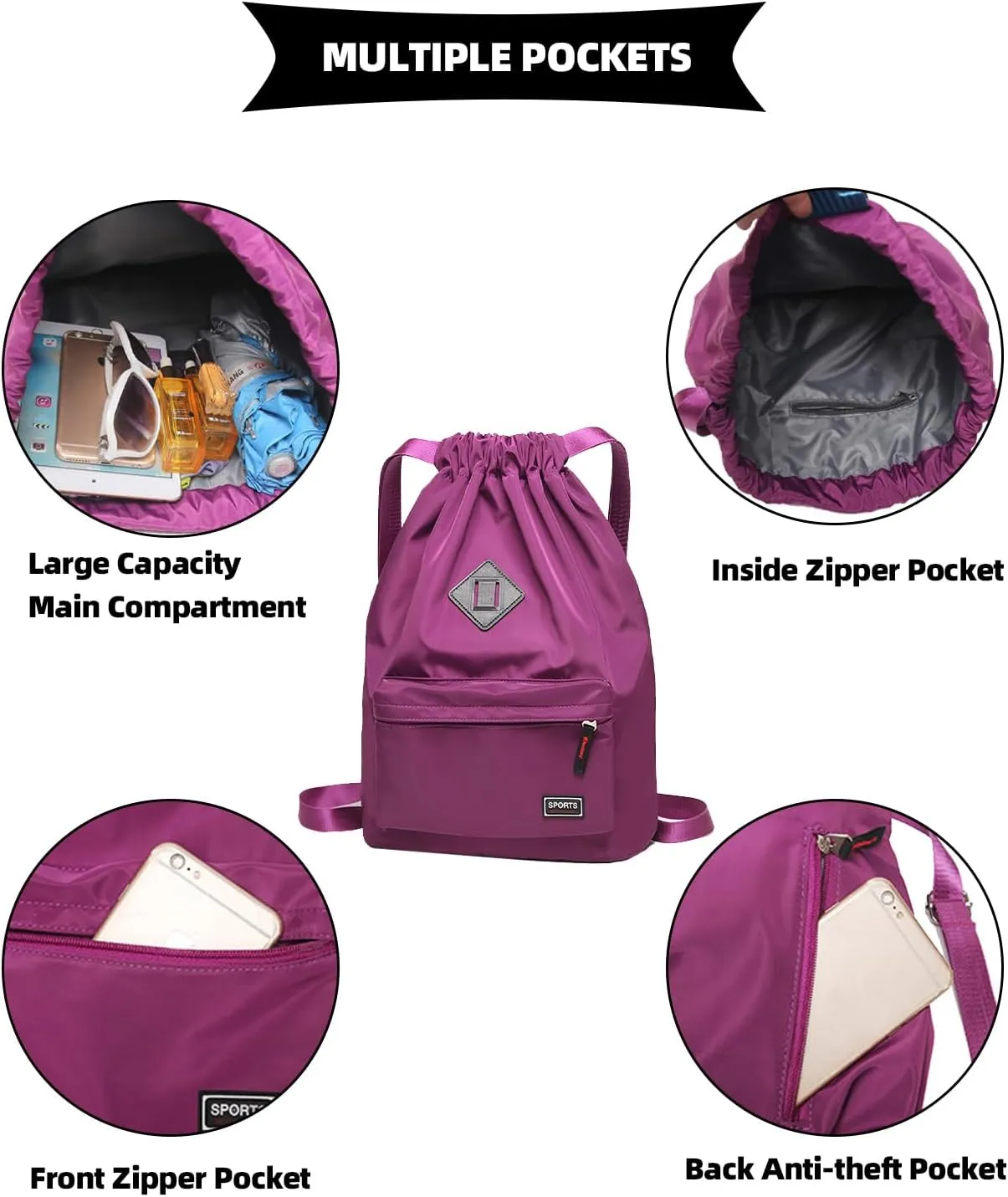Peicees Waterproof Drawstring Sport Bag Lightweight Sackpack Backpack for Men and Women