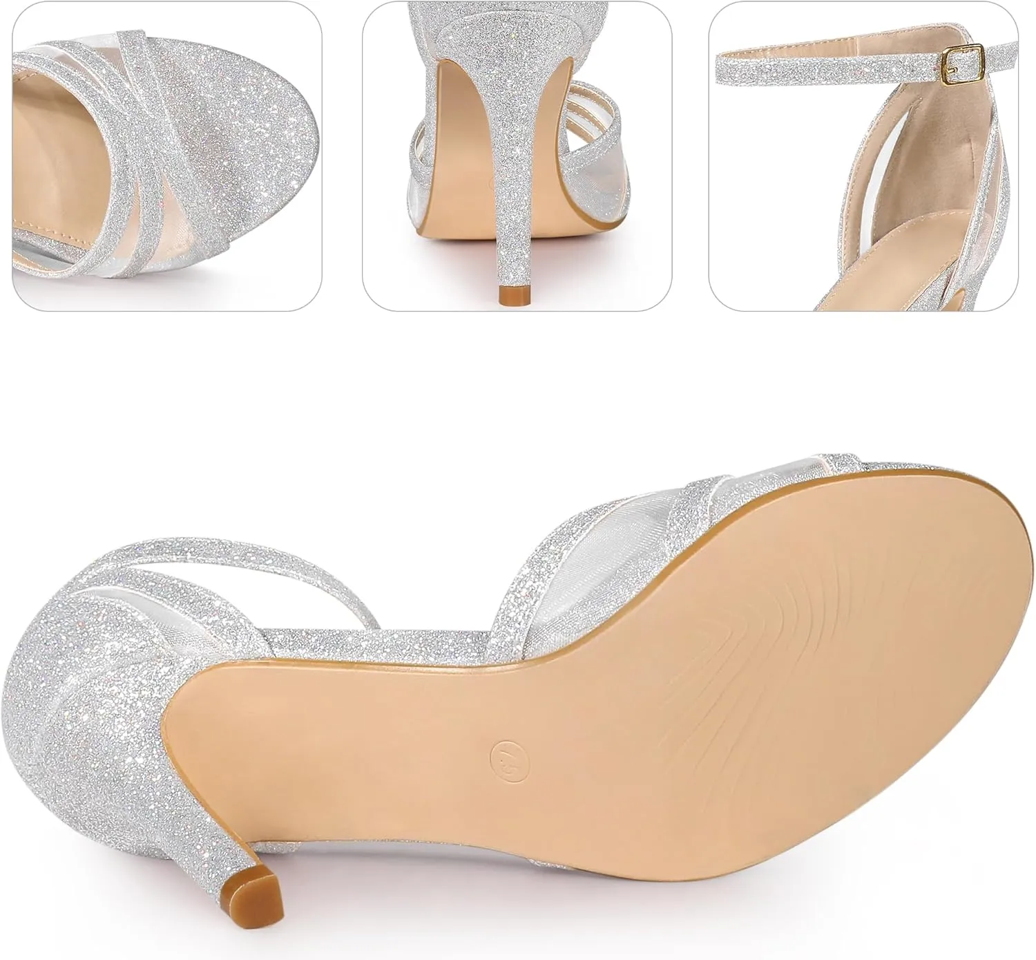 Perphy Glitter Heel Ankle Strap Stiletto Heels Pumps Sandals for Women