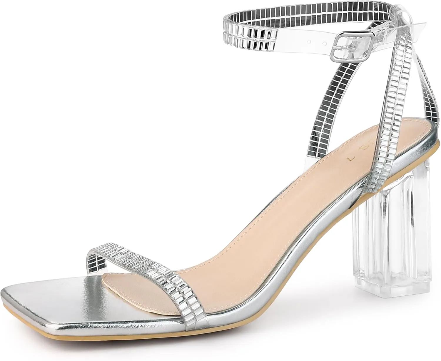 Perphy Square Toe Rhinestone Strap Clear Heel Block Heels Sandals for Women
