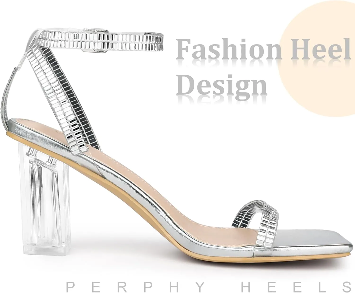 Perphy Square Toe Rhinestone Strap Clear Heel Block Heels Sandals for Women