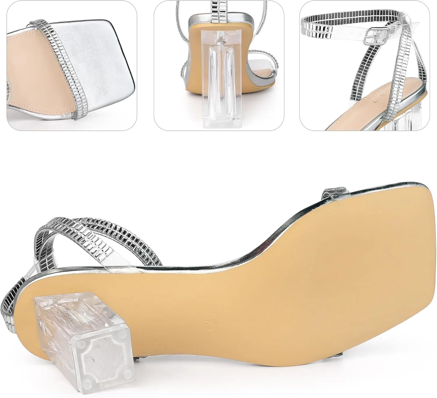 Perphy Square Toe Rhinestone Strap Clear Heel Block Heels Sandals for Women