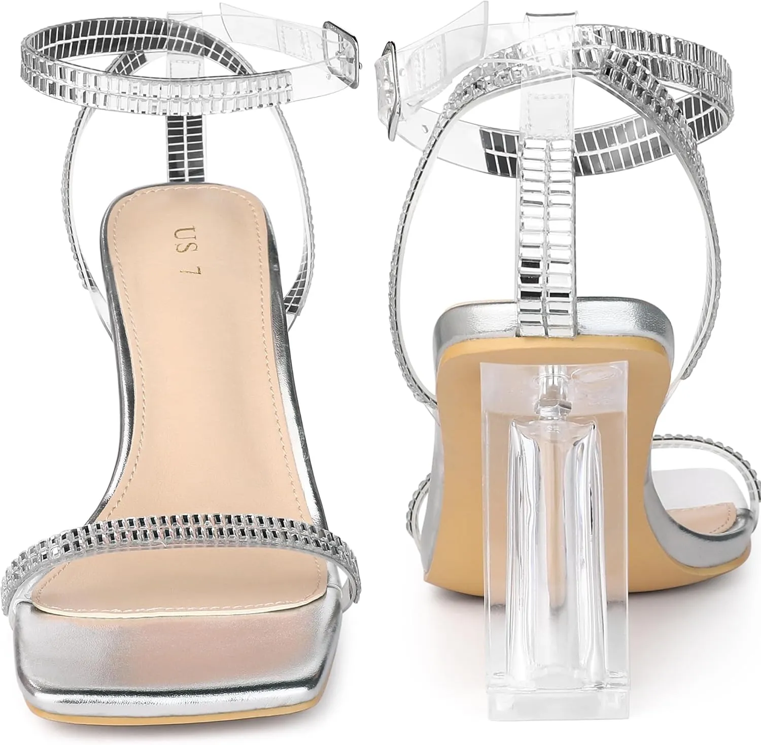 Perphy Square Toe Rhinestone Strap Clear Heel Block Heels Sandals for Women