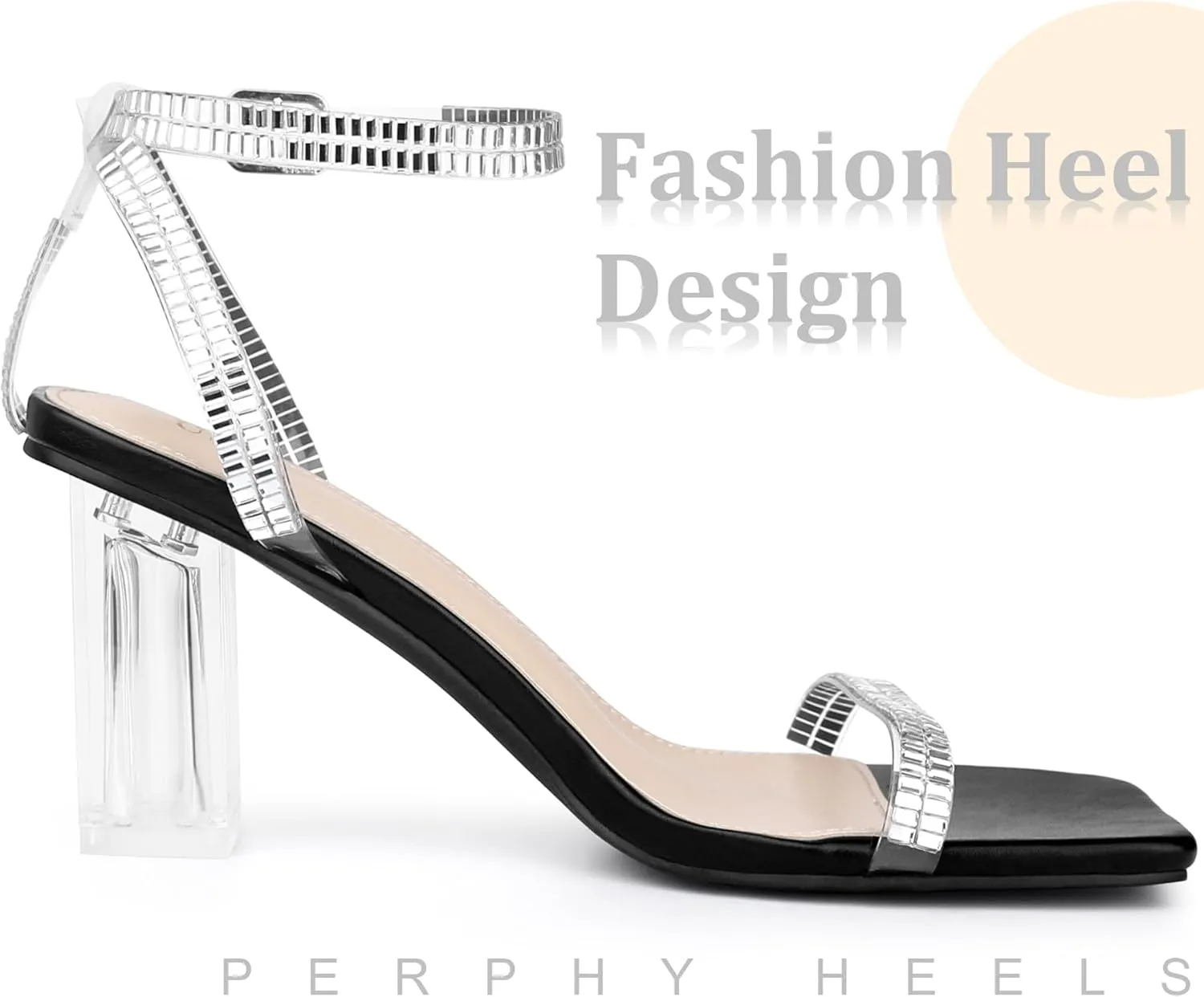 Perphy Square Toe Rhinestone Strap Clear Heel Block Heels Sandals for Women