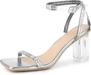 Perphy Square Toe Rhinestone Strap Clear Heel Block Heels Sandals for Women