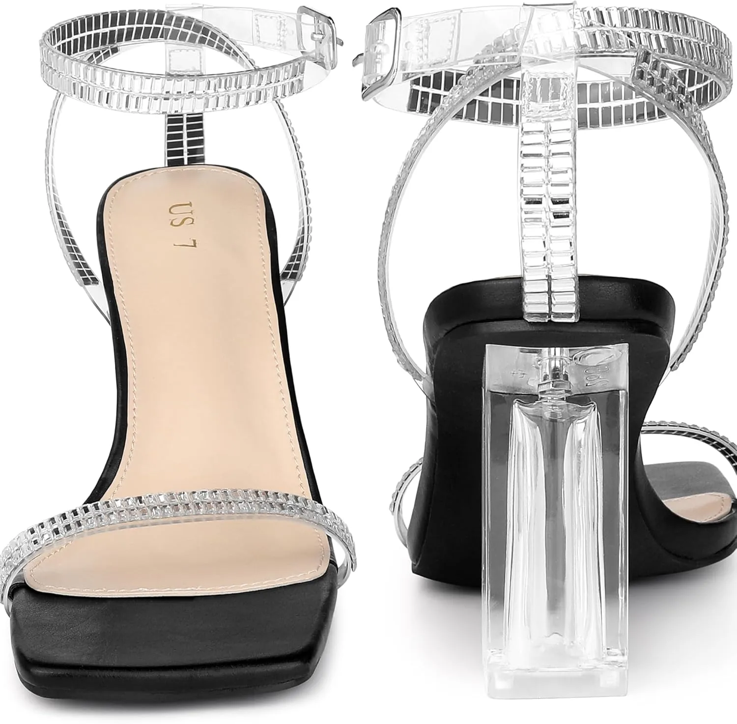 Perphy Square Toe Rhinestone Strap Clear Heel Block Heels Sandals for Women