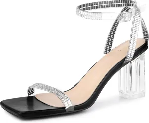 Perphy Square Toe Rhinestone Strap Clear Heel Block Heels Sandals for Women