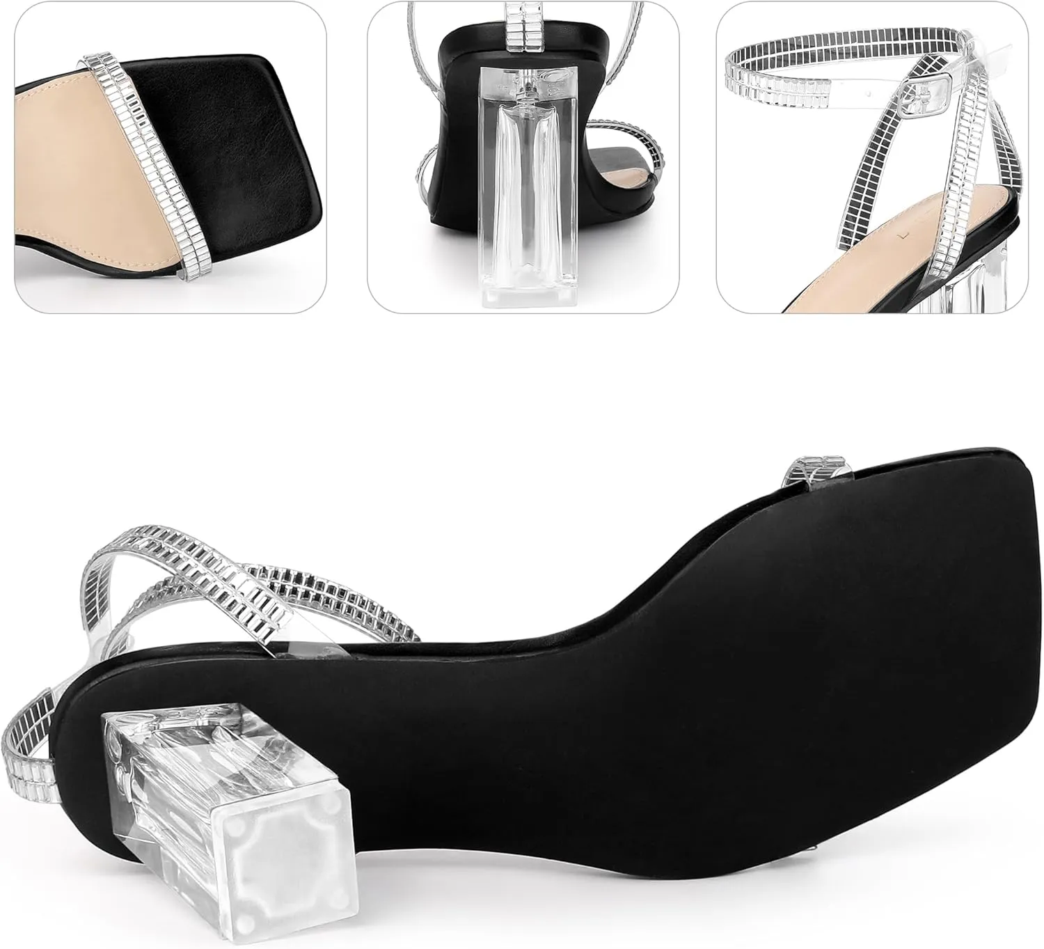 Perphy Square Toe Rhinestone Strap Clear Heel Block Heels Sandals for Women