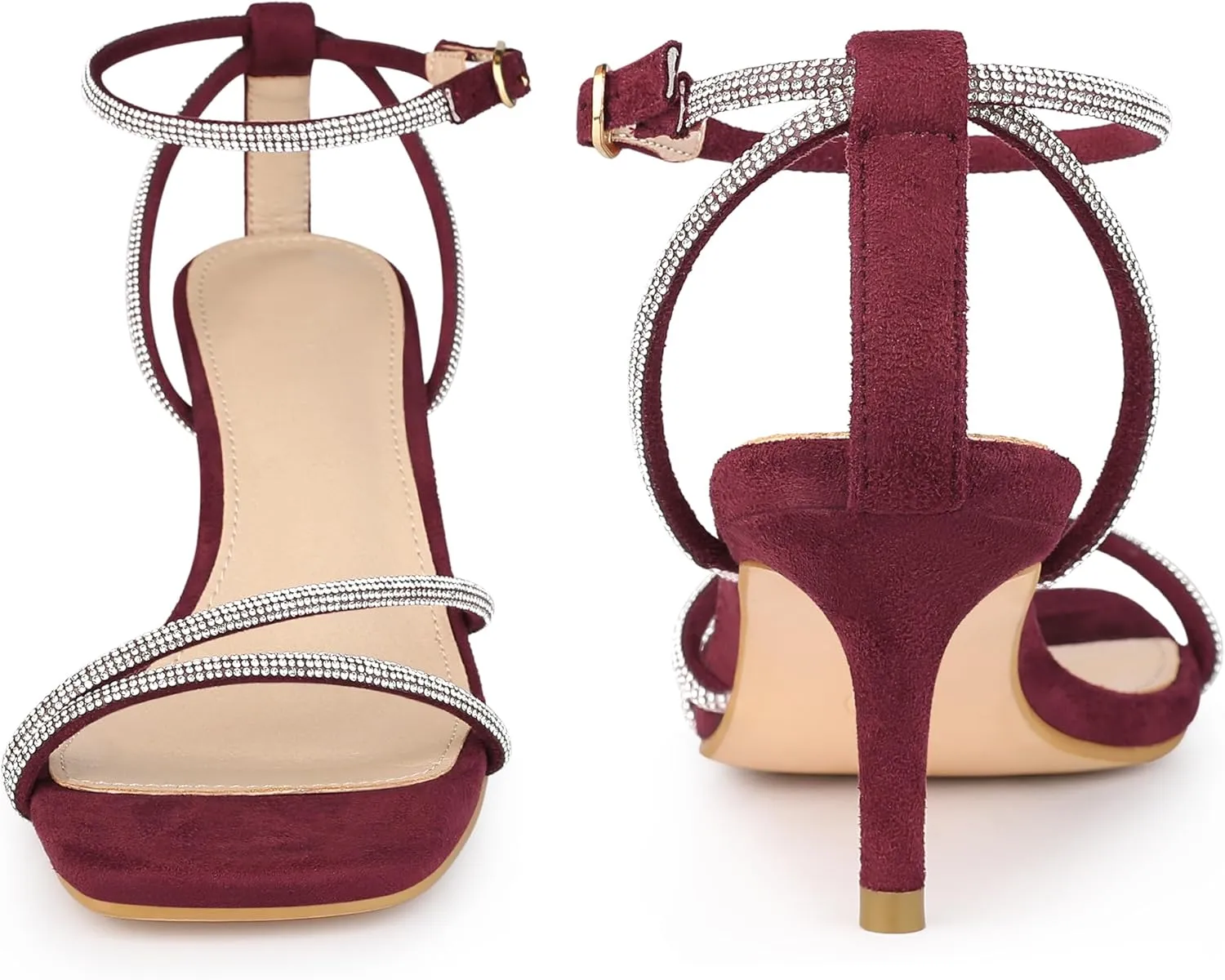 Perphy Squared Toe Ankle Strap Rhinestone Kitten Heels Sandals for Women