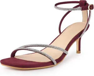 Perphy Squared Toe Ankle Strap Rhinestone Kitten Heels Sandals for Women