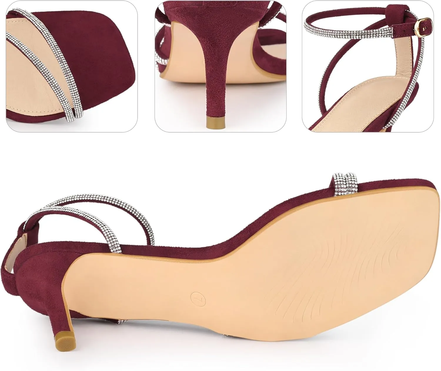 Perphy Squared Toe Ankle Strap Rhinestone Kitten Heels Sandals for Women