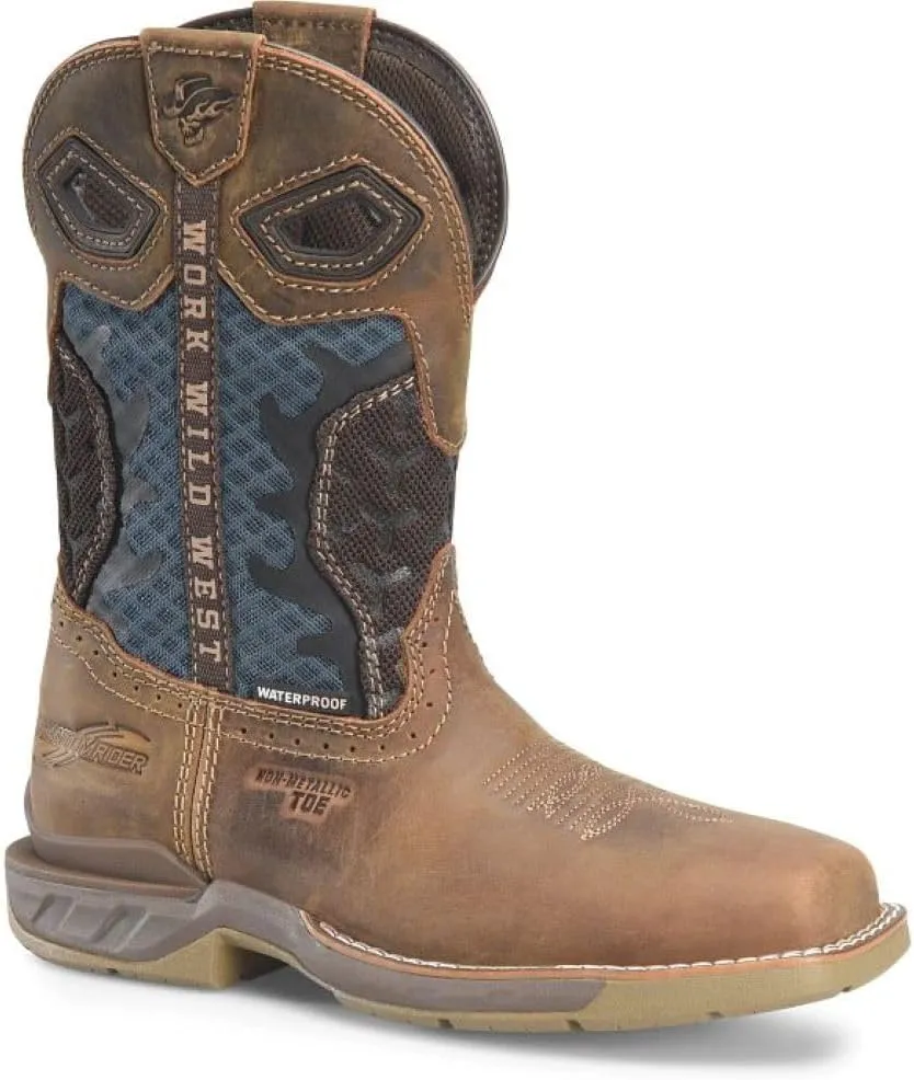 PHANTOM RIDER Women's Watcher 10” Waterproof Wide Square Composite Toe Roper Boots with Thomas Brown Leather and Blue Textile and TPU Quarter