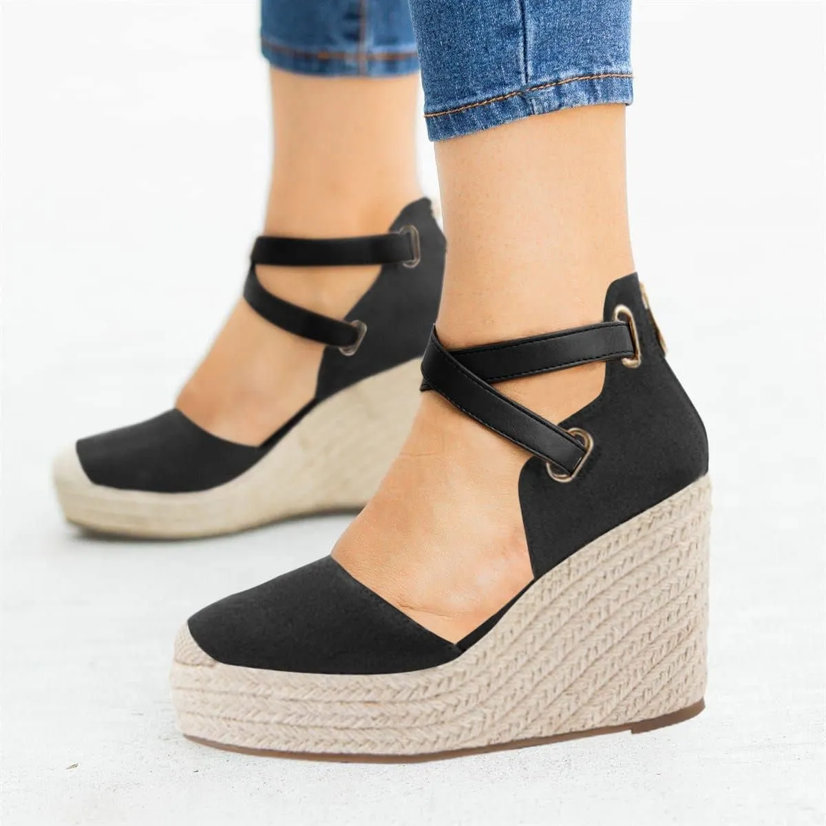 PiePieBuy Womens Wedge Espadrille Ankle Strap Closed Cap Toe Platform Heeled Sandals
