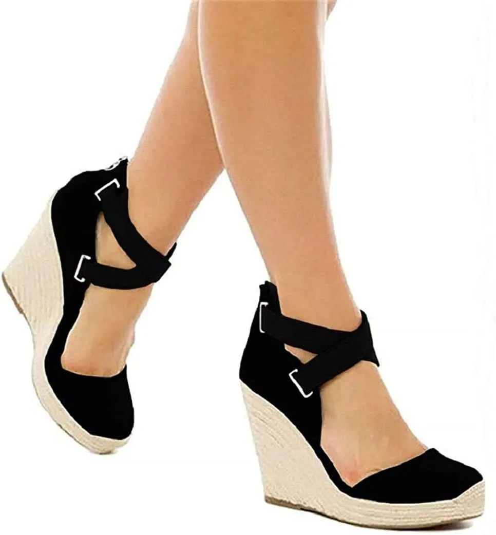 PiePieBuy Womens Wedge Espadrille Ankle Strap Closed Cap Toe Platform Heeled Sandals