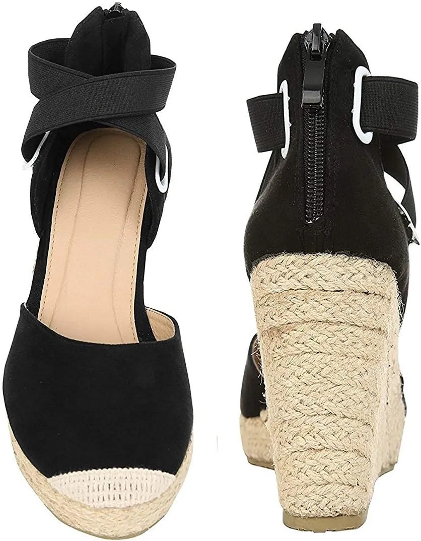PiePieBuy Womens Wedge Espadrille Ankle Strap Closed Cap Toe Platform Heeled Sandals