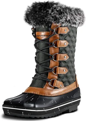 PIZZ ANNU Women's Snow Boots Waterproof Slip Resistant Warm Faux Fur Lined Lace up Mid Calf Winter Duck Boots Cold Weather Shoes