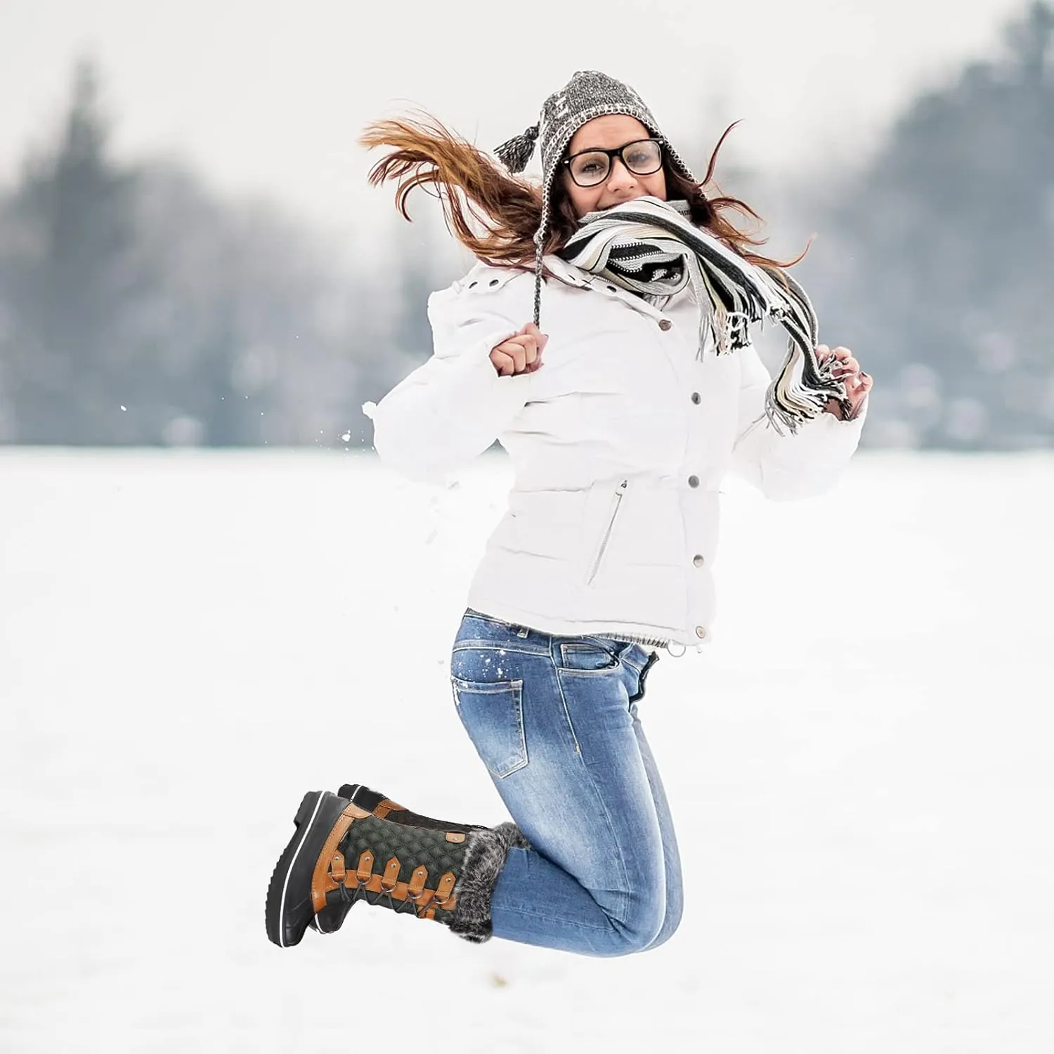PIZZ ANNU Women's Snow Boots Waterproof Slip Resistant Warm Faux Fur Lined Lace up Mid Calf Winter Duck Boots Cold Weather Shoes